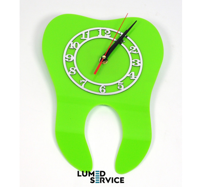 Годинник зуб зелений акрил для стоматологічного кабінету дзеркальна шкала