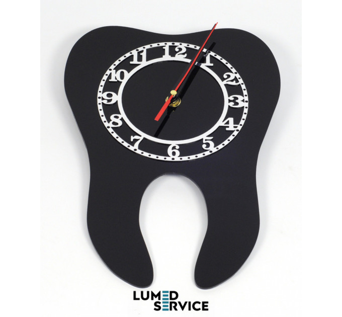 Годинник зуб чорний акрил для стоматологічного кабінету дзеркальна шкала